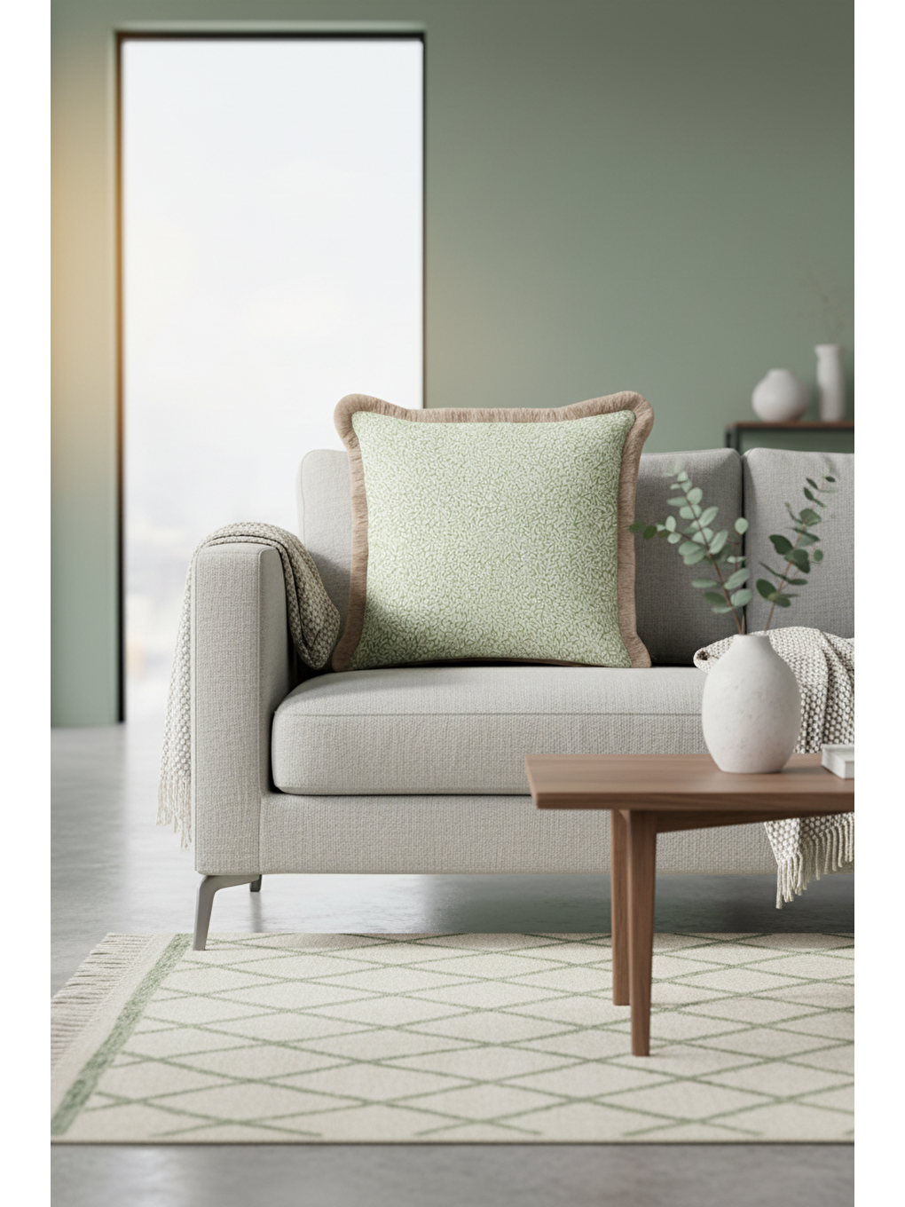 Karışık Zarif Yaprak Motifli Saçaklı Yastık Kılıfı - Doğal Yeşil Rustik Bej Püsküllü Kırlent Kılıfı-3