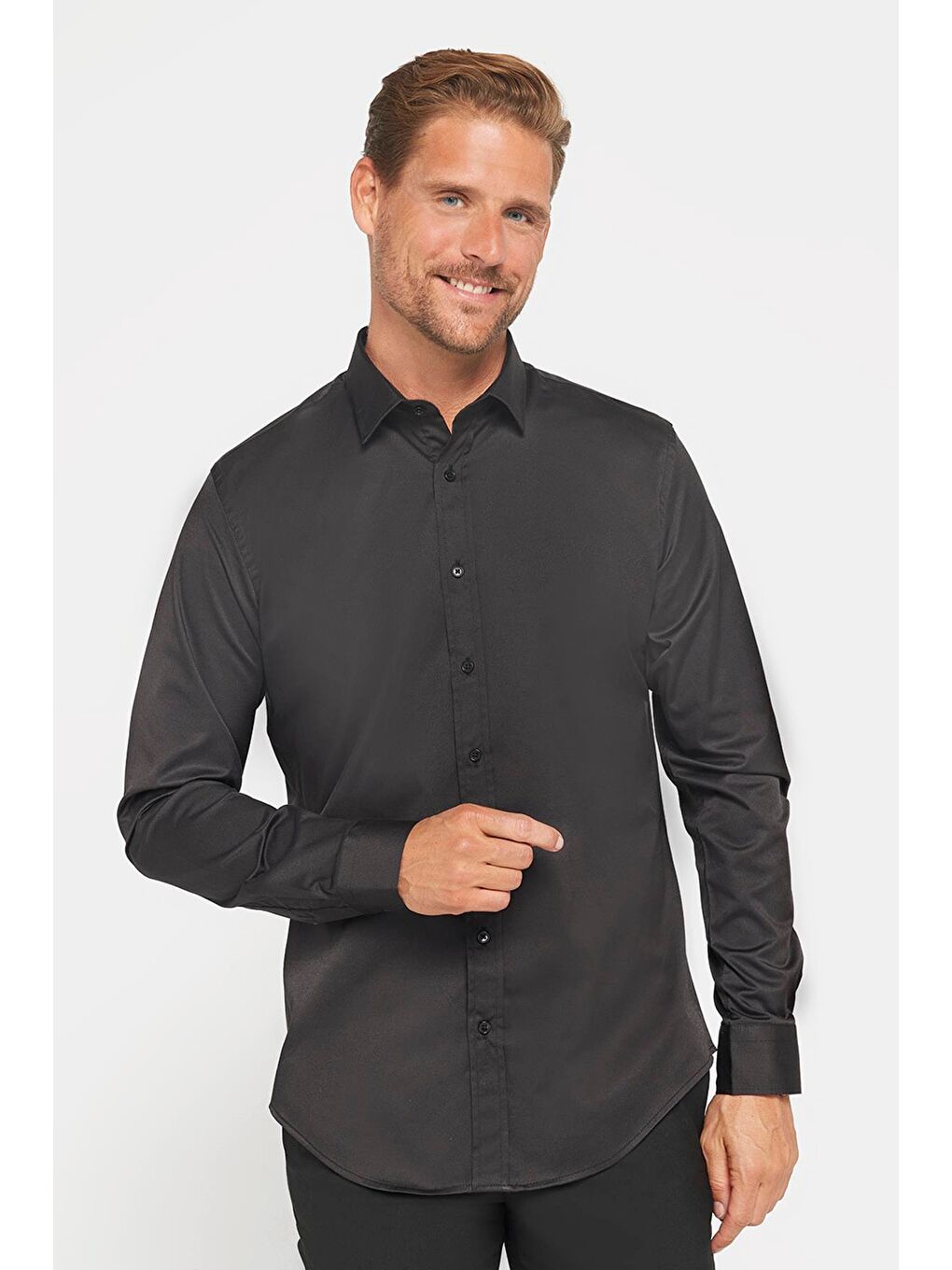 Slim Fit Elastanlı Düz Pamuk Saten Erkek Siyah Gömlek