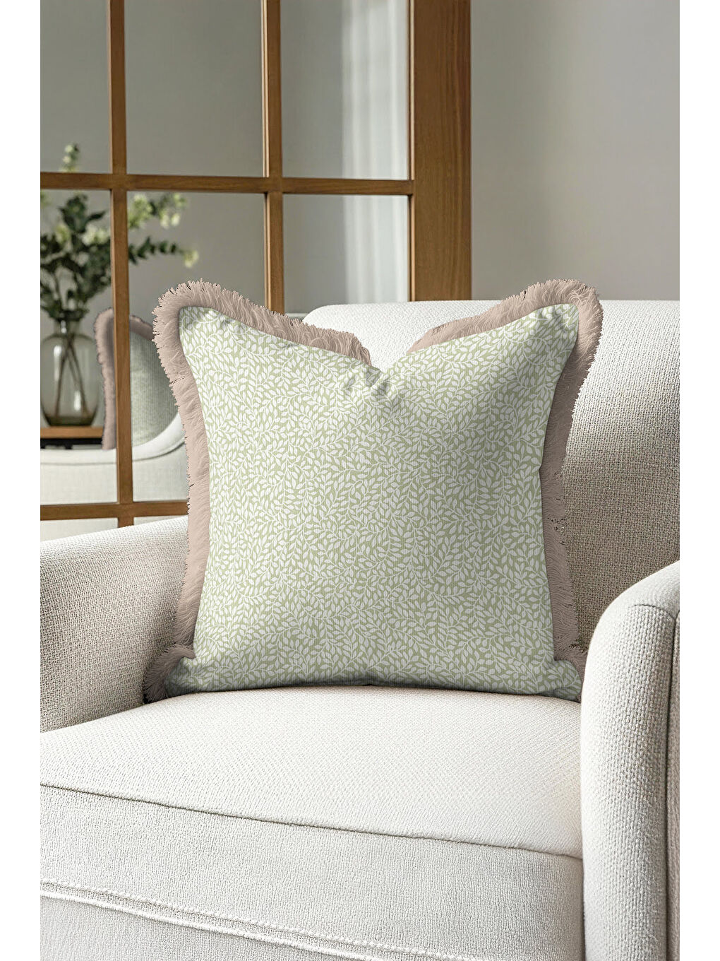Karışık Zarif Yaprak Motifli Saçaklı Yastık Kılıfı - Doğal Yeşil Rustik Bej Püsküllü Kırlent Kılıfı-4