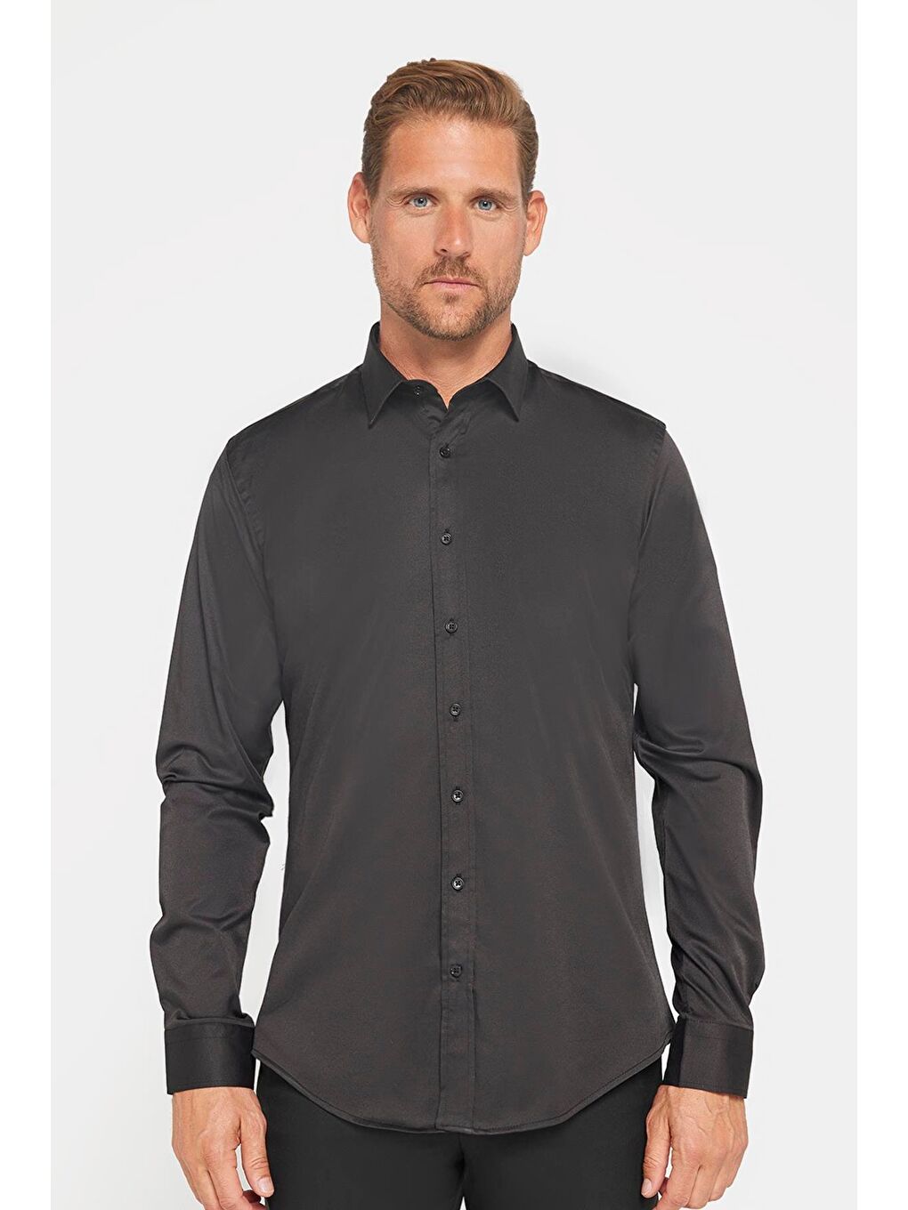 Slim Fit Elastanlı Düz Pamuk Saten Erkek Siyah Gömlek-1