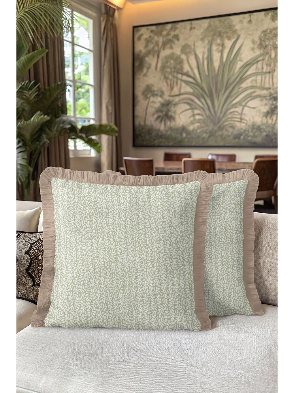 Karışık Zarif Yaprak Motifli Saçaklı Yastık Kılıfı - Doğal Yeşil Rustik Bej Püsküllü Kırlent Kılıfı-5
