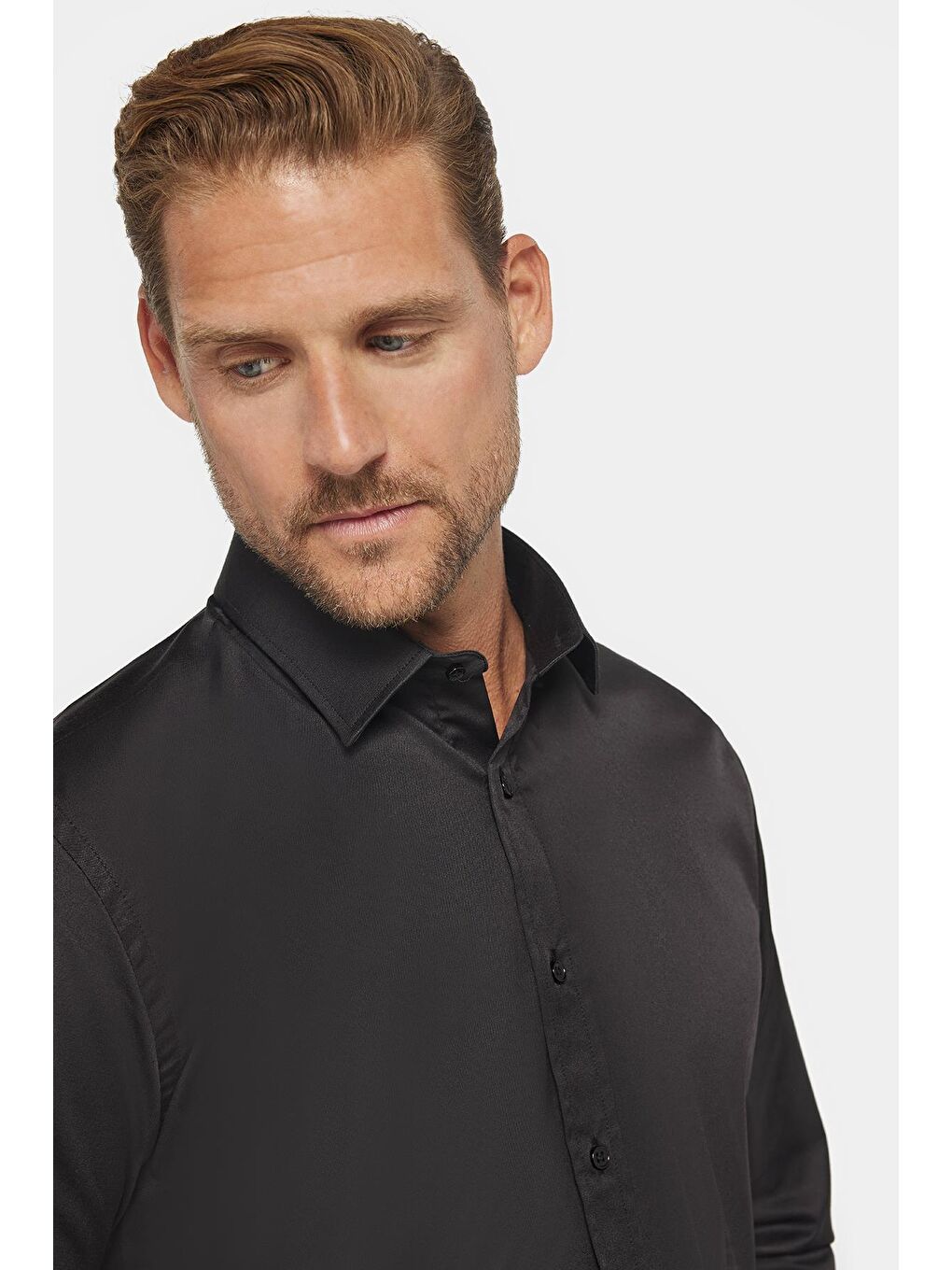 Slim Fit Elastanlı Düz Pamuk Saten Erkek Siyah Gömlek-2