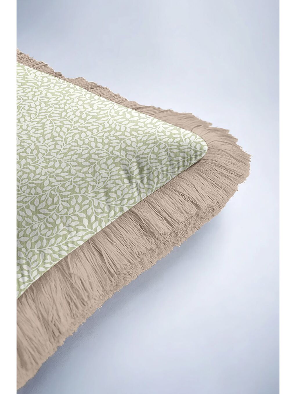 Karışık Zarif Yaprak Motifli Saçaklı Yastık Kılıfı - Doğal Yeşil Rustik Bej Püsküllü Kırlent Kılıfı-6