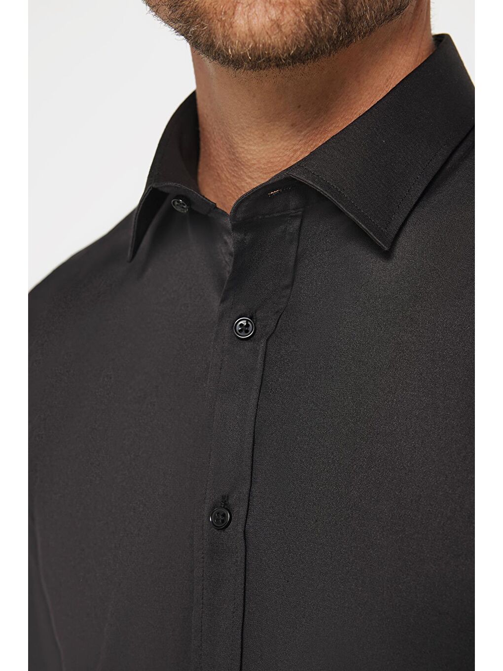 Slim Fit Elastanlı Düz Pamuk Saten Erkek Siyah Gömlek-3