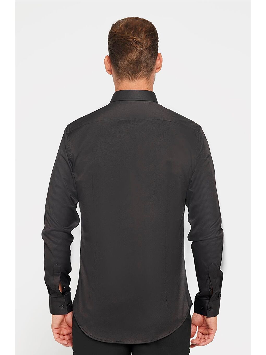 Slim Fit Elastanlı Düz Pamuk Saten Erkek Siyah Gömlek-4