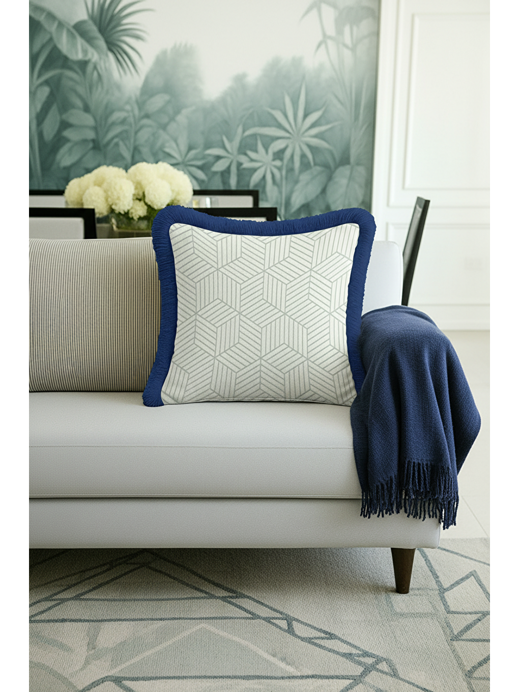 Karışık Geometrik Modern Lüks Saçaklı Yastık Kılıfı - Retro Stil Mavi Beyaz Püsküllü Kırlent Kılıfı-1