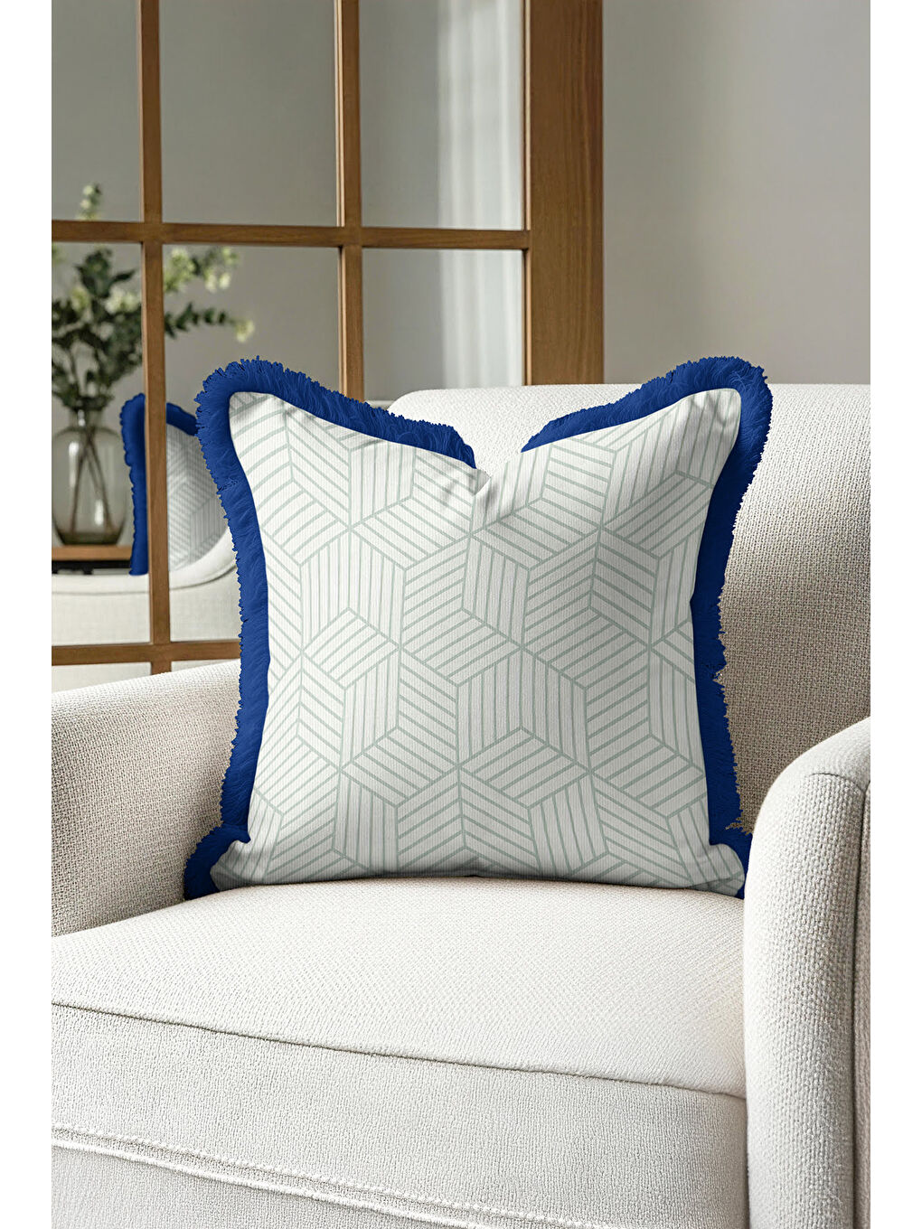 Karışık Geometrik Modern Lüks Saçaklı Yastık Kılıfı - Retro Stil Mavi Beyaz Püsküllü Kırlent Kılıfı-2