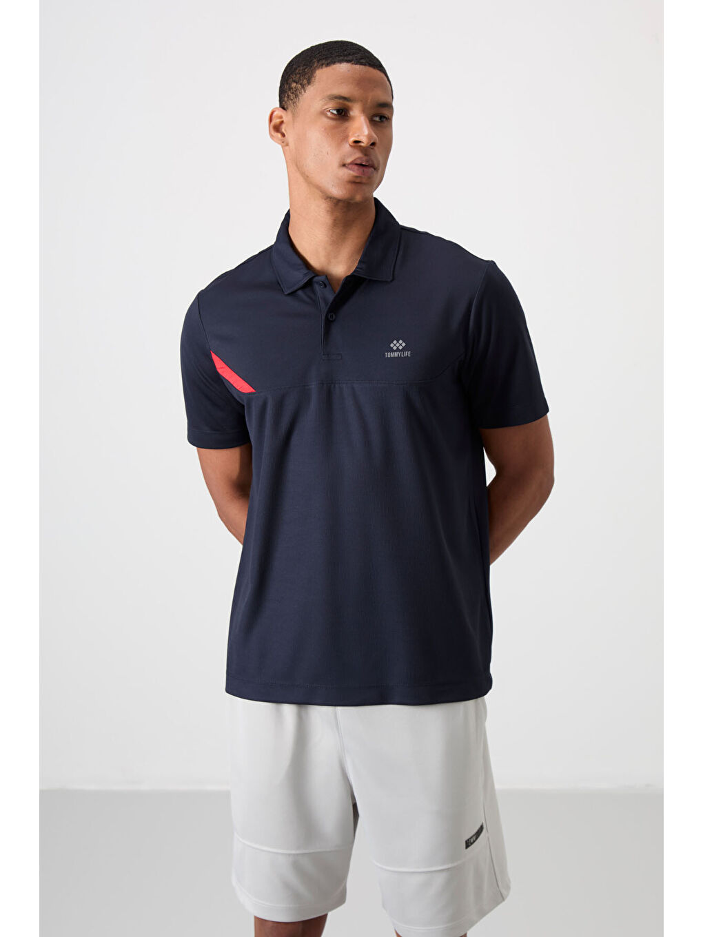 Lacivert Polyester Nefes Alan Dokulu İnce Esnek Standart Fit Polo Yaka Erkek Performans Tişört - 8-6