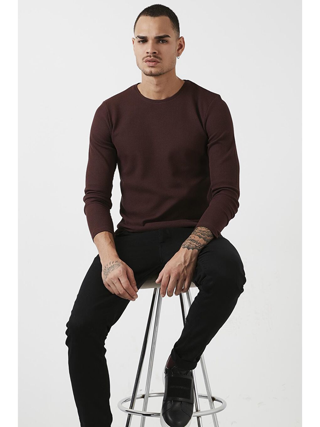 Bordo Pamuklu Bisiklet Yaka Slim Fit Basic Sweat 5905073