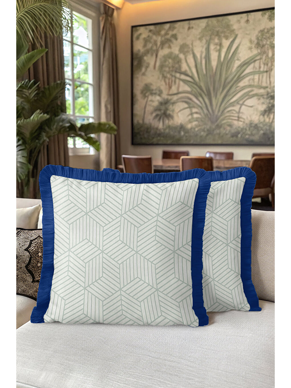 Karışık Geometrik Modern Lüks Saçaklı Yastık Kılıfı - Retro Stil Mavi Beyaz Püsküllü Kırlent Kılıfı-5