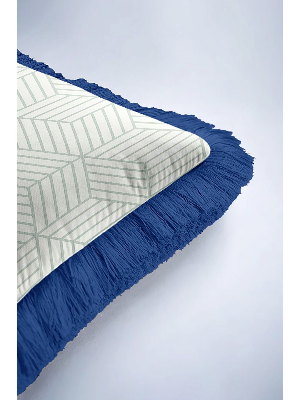 Karışık Geometrik Modern Lüks Saçaklı Yastık Kılıfı - Retro Stil Mavi Beyaz Püsküllü Kırlent Kılıfı-6