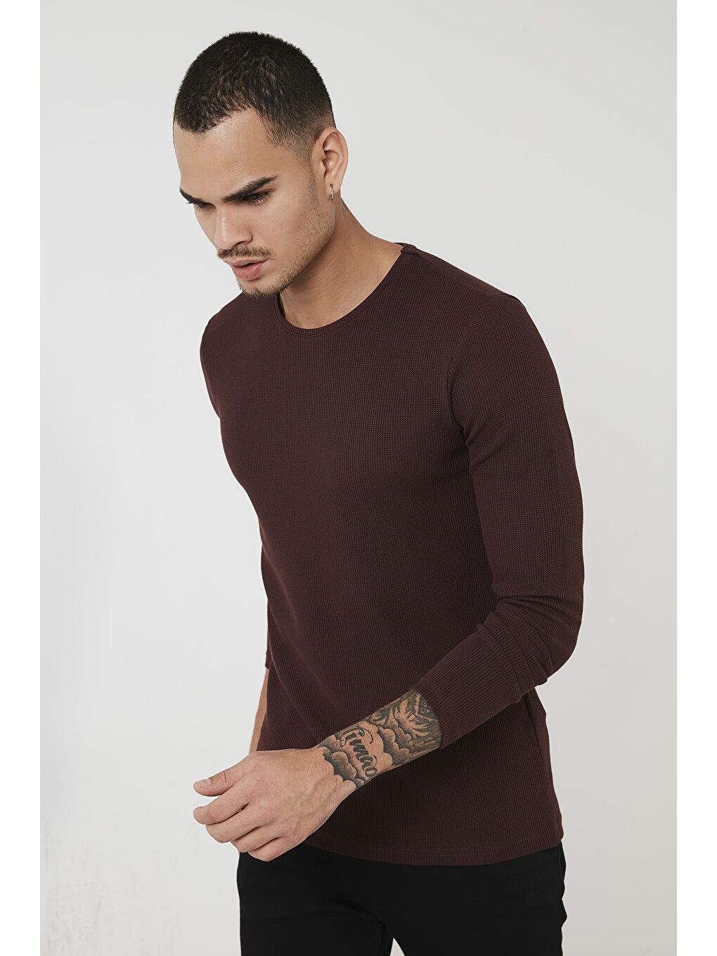 Bordo Pamuklu Bisiklet Yaka Slim Fit Basic Sweat 5905073-1