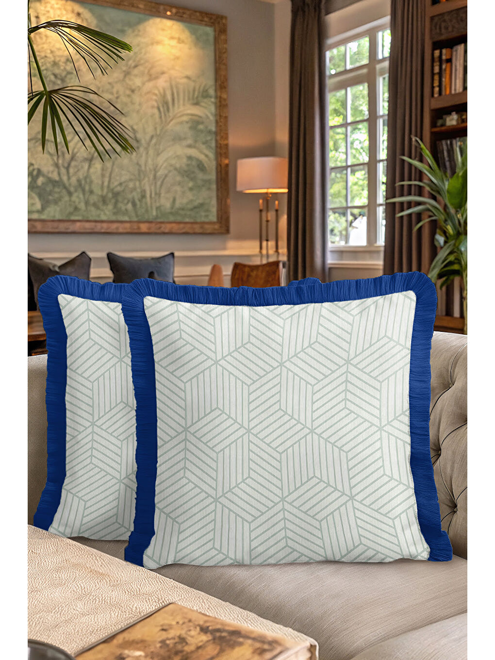 Karışık Geometrik Modern Lüks Saçaklı Yastık Kılıfı - Retro Stil Mavi Beyaz Püsküllü Kırlent Kılıfı-7