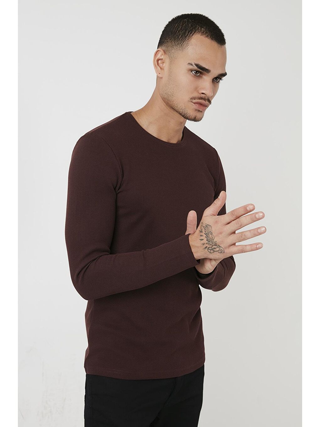 Bordo Pamuklu Bisiklet Yaka Slim Fit Basic Sweat 5905073-2