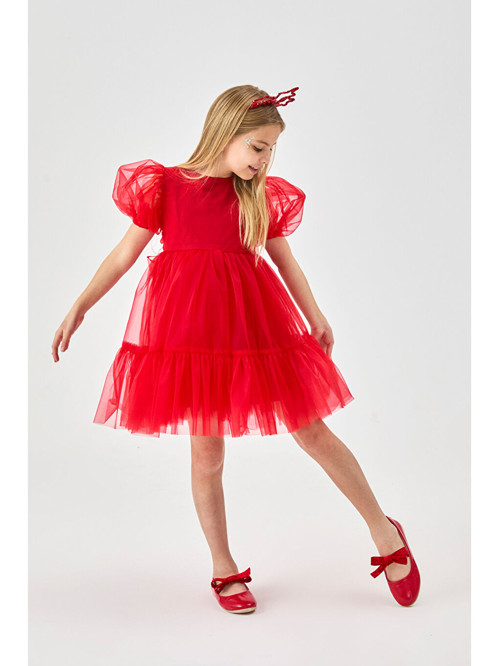 Kırmızı Eteği Fırfırlı Kemerli Kız Çocuk Tül Elbise - Casey-1