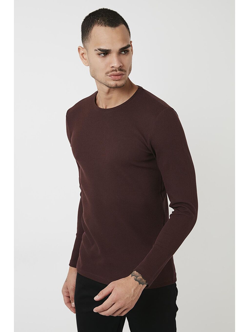 Bordo Pamuklu Bisiklet Yaka Slim Fit Basic Sweat 5905073-3