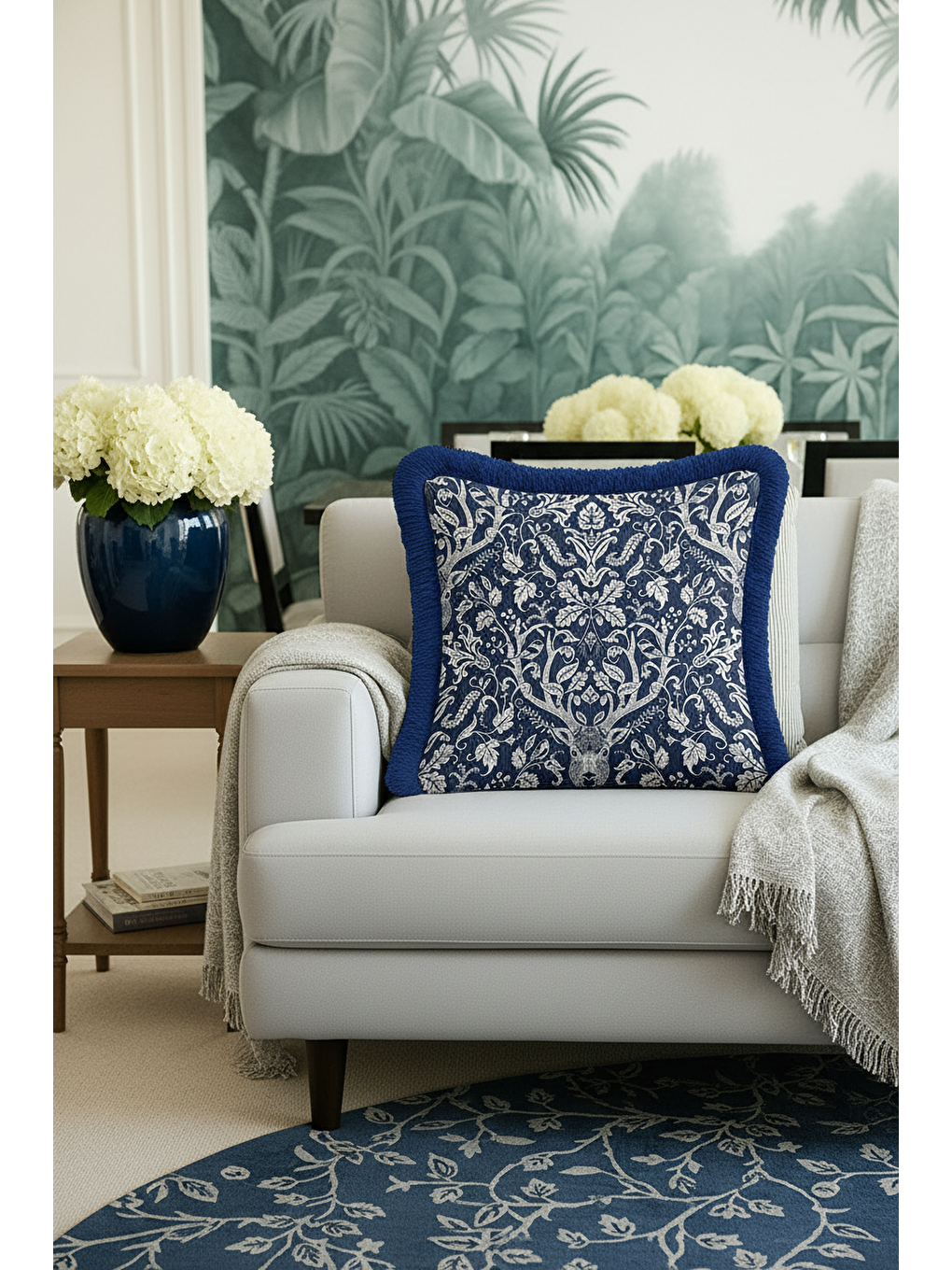 Karışık Lüks Avangard Saçaklı Yastık Kılıfı - Doğal Orman Temalı Country Mavi Püsküllü Kırlent Kılıfı