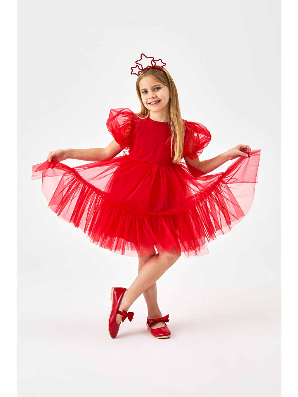 Kırmızı Eteği Fırfırlı Kemerli Kız Çocuk Tül Elbise - Casey-2