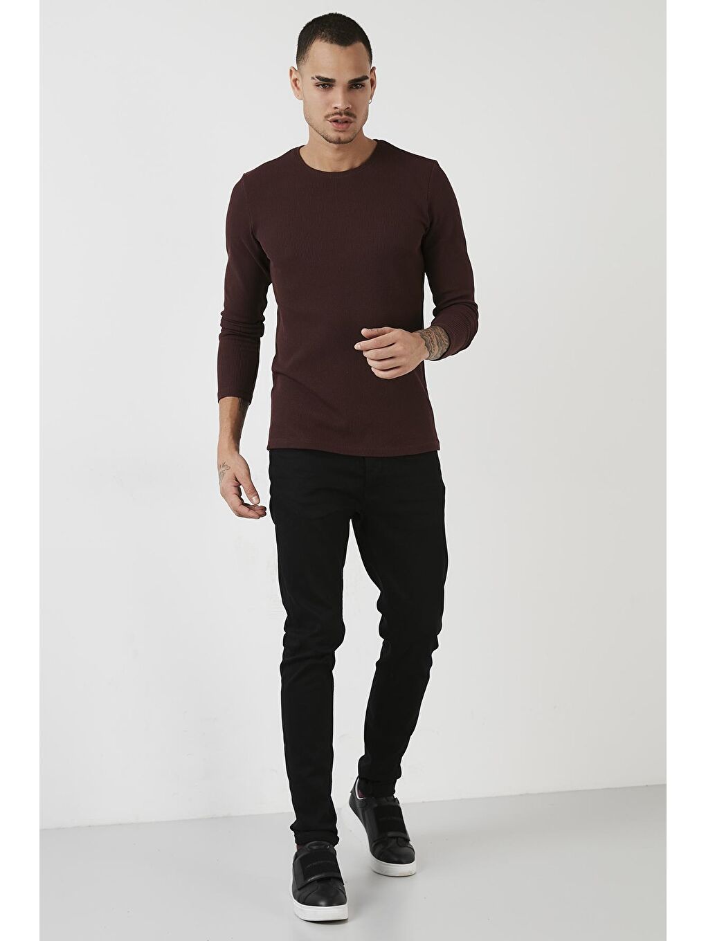Bordo Pamuklu Bisiklet Yaka Slim Fit Basic Sweat 5905073-4