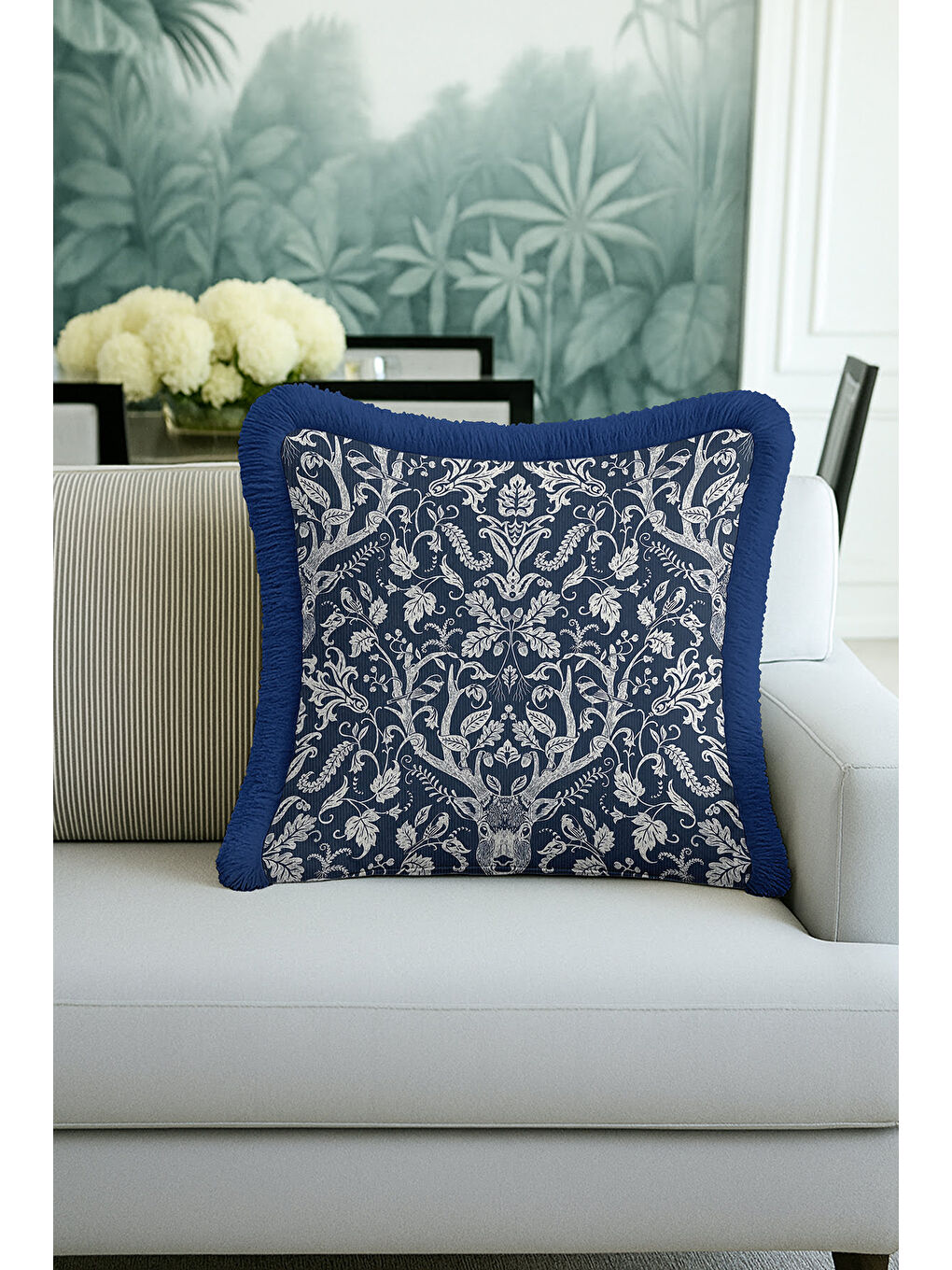 Karışık Lüks Avangard Saçaklı Yastık Kılıfı - Doğal Orman Temalı Country Mavi Püsküllü Kırlent Kılıfı-4