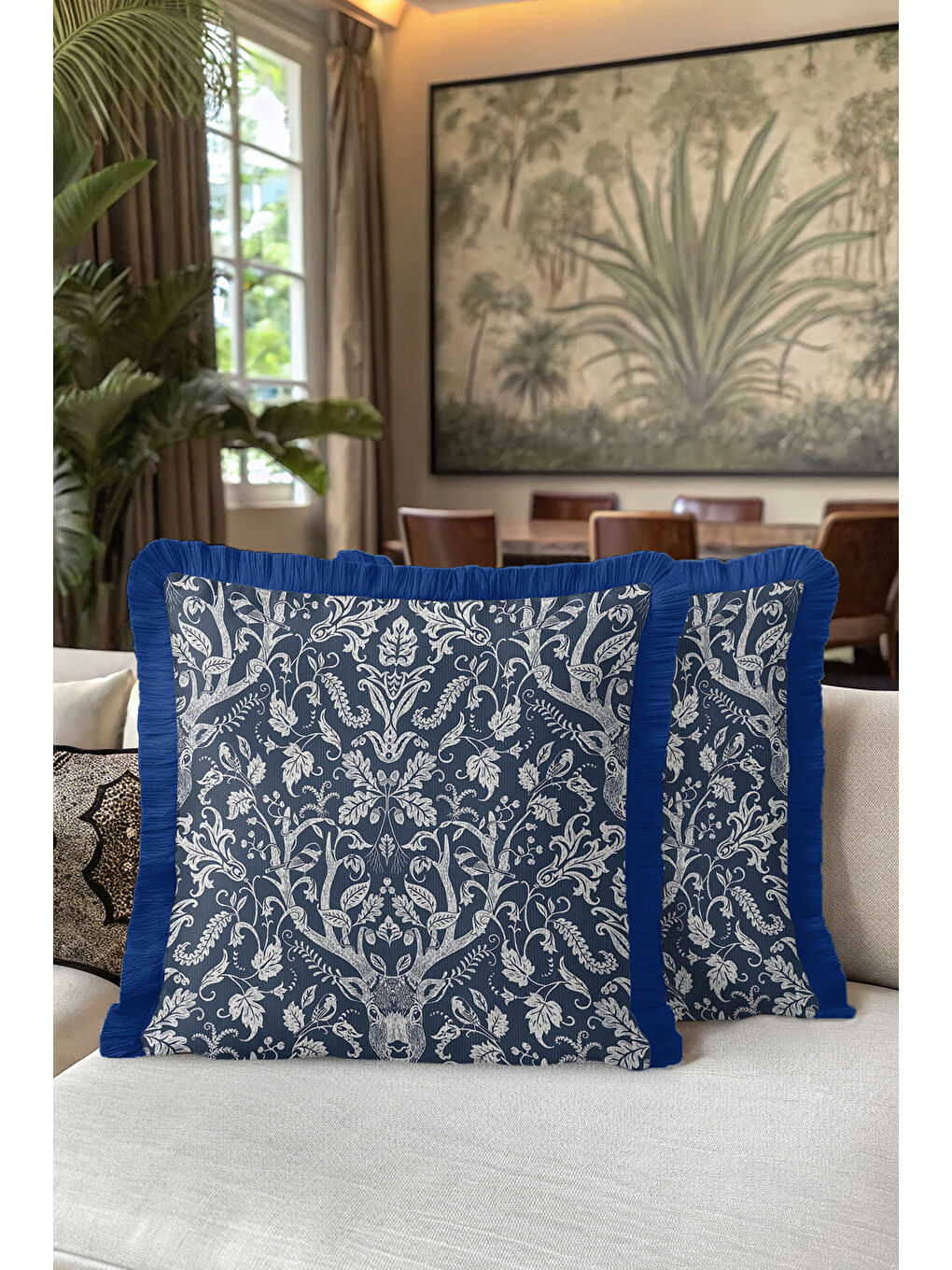 Karışık Lüks Avangard Saçaklı Yastık Kılıfı - Doğal Orman Temalı Country Mavi Püsküllü Kırlent Kılıfı-5