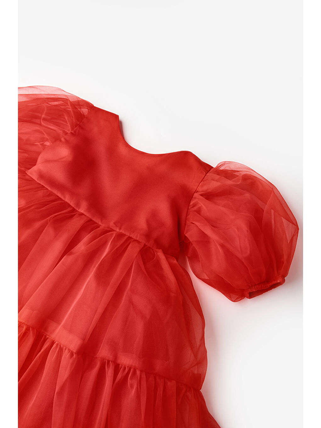 Kırmızı Eteği Fırfırlı Kemerli Kız Çocuk Tül Elbise - Casey-6
