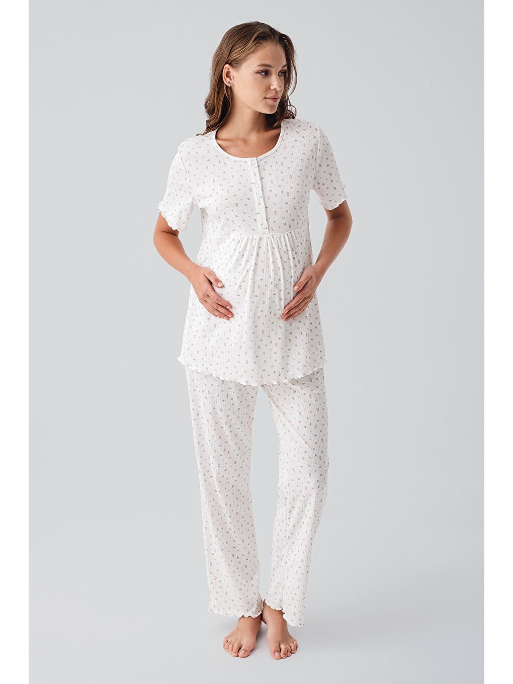 Renksiz Kısa Kollu Düğmeli Çiçek Desenli %100 Pamuk Hamile Pijama Takım 19206-2
