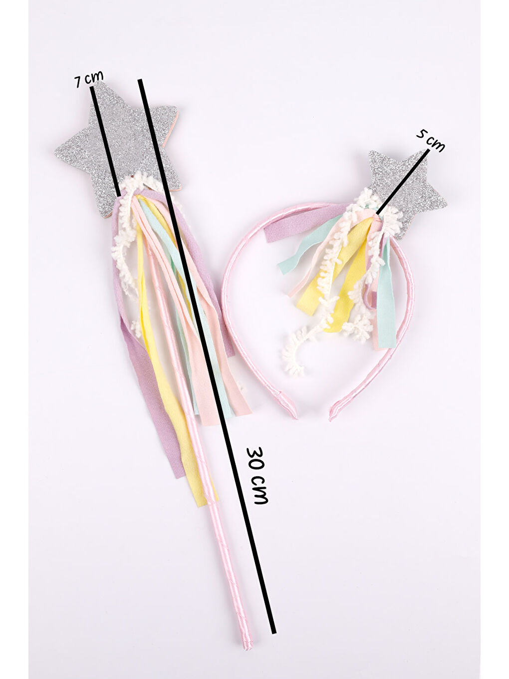 Pembe Yıldız Püsküllü Kız Çocuk Asa Taç Set-3