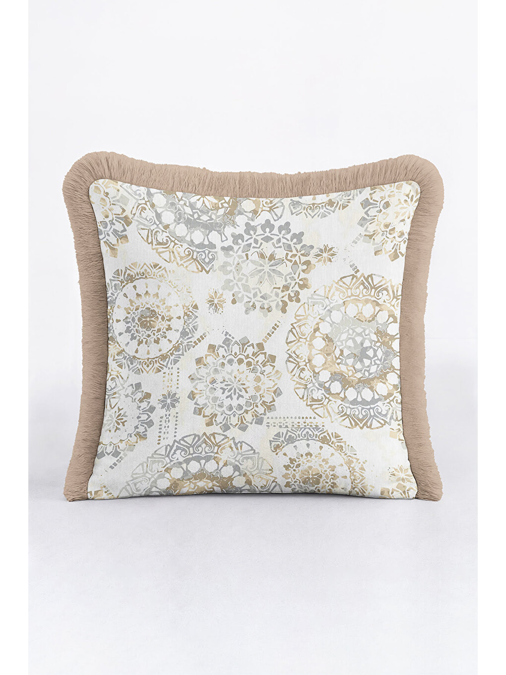 Karışık Lüks Mandala Saçaklı Yastık Kılıfı - Modern Pastel Altın Renkli Püsküllü Kırlent Kılıfı