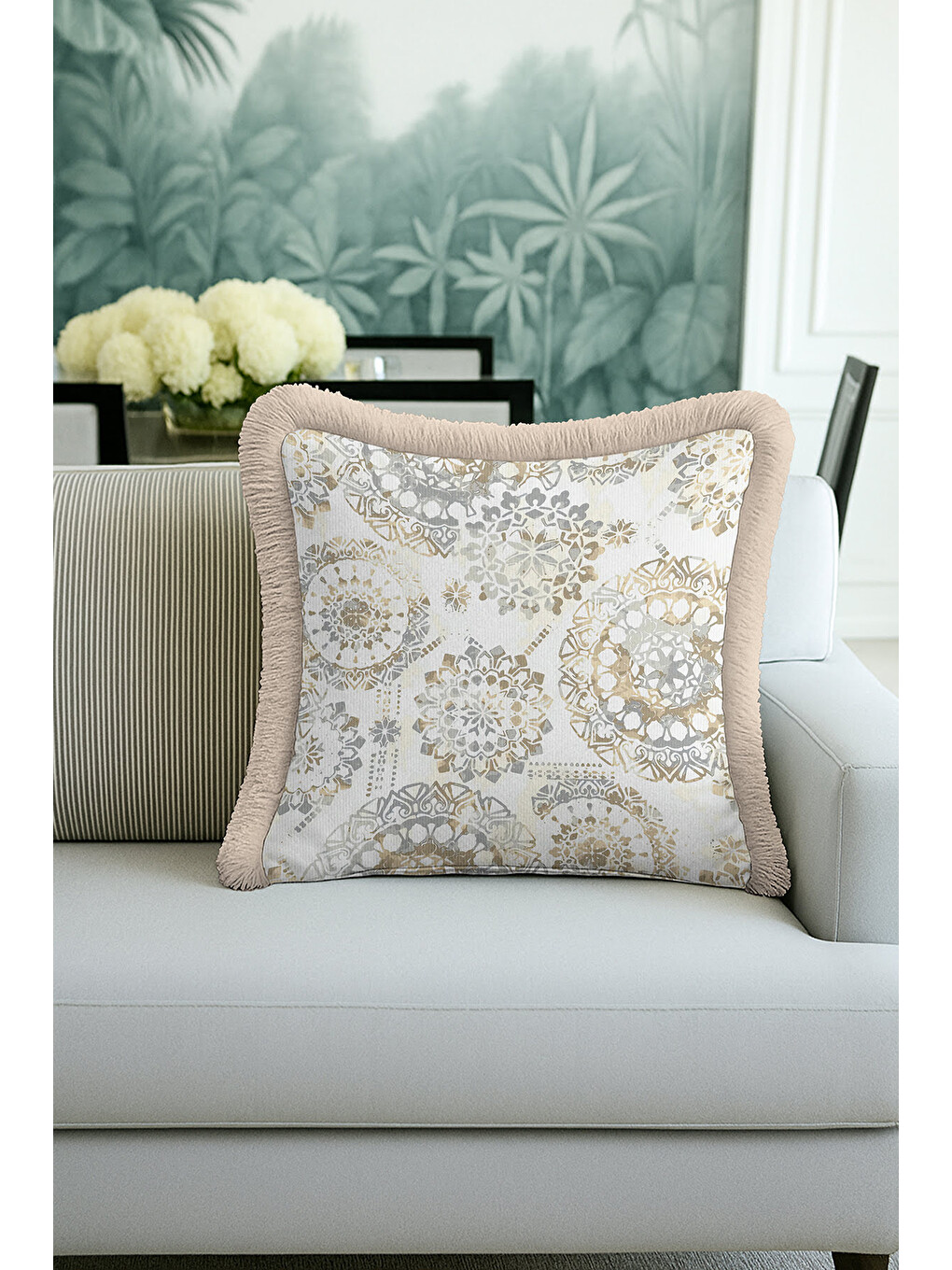 Karışık Lüks Mandala Saçaklı Yastık Kılıfı - Modern Pastel Altın Renkli Püsküllü Kırlent Kılıfı-1