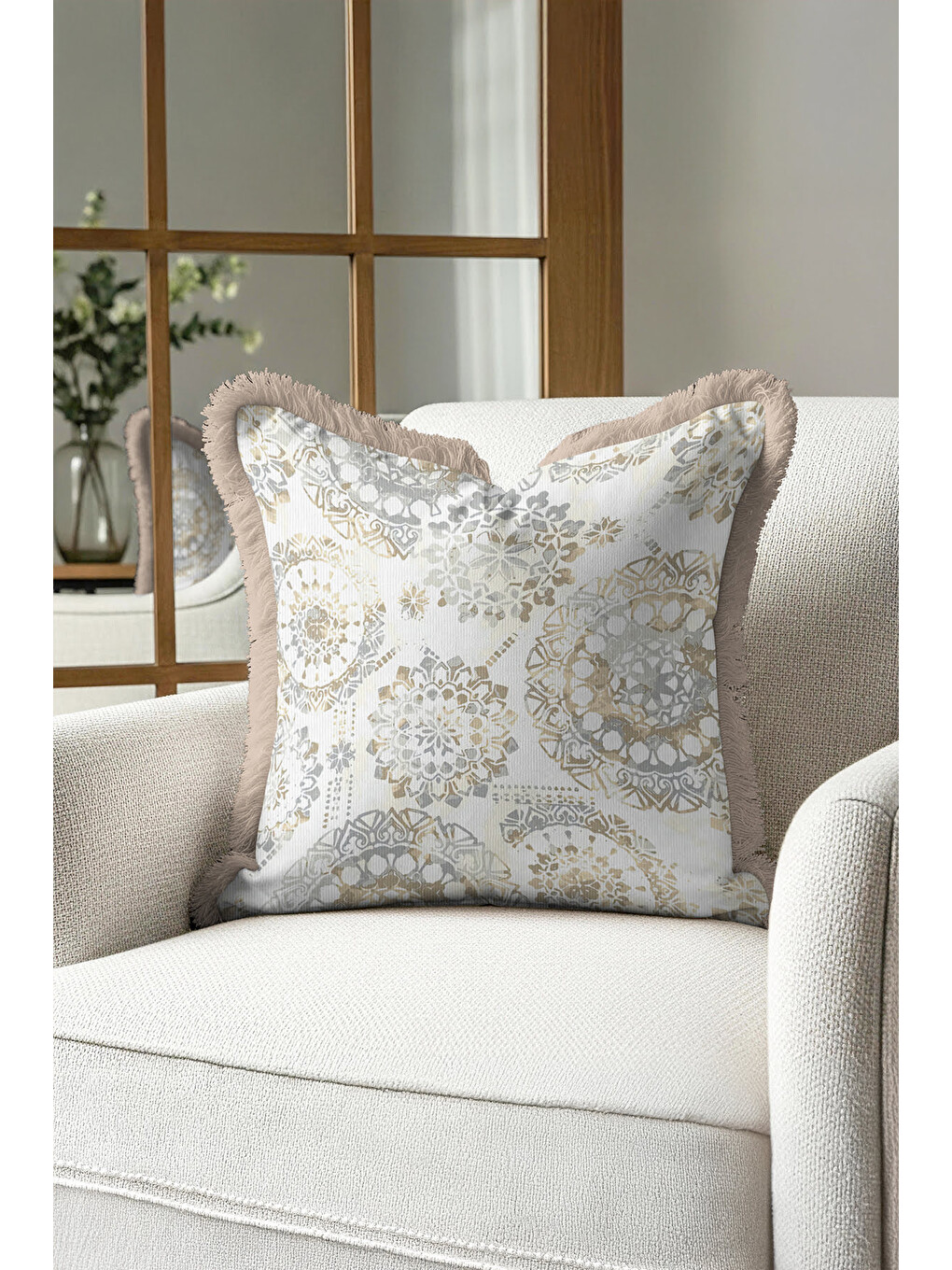 Karışık Lüks Mandala Saçaklı Yastık Kılıfı - Modern Pastel Altın Renkli Püsküllü Kırlent Kılıfı-3