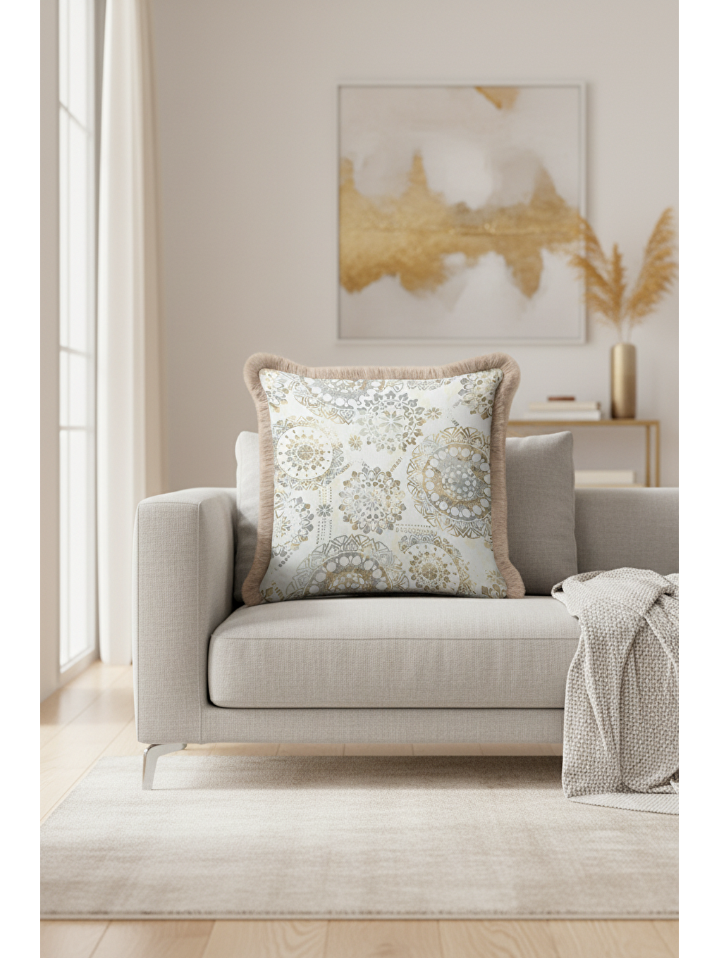 Karışık Lüks Mandala Saçaklı Yastık Kılıfı - Modern Pastel Altın Renkli Püsküllü Kırlent Kılıfı-4
