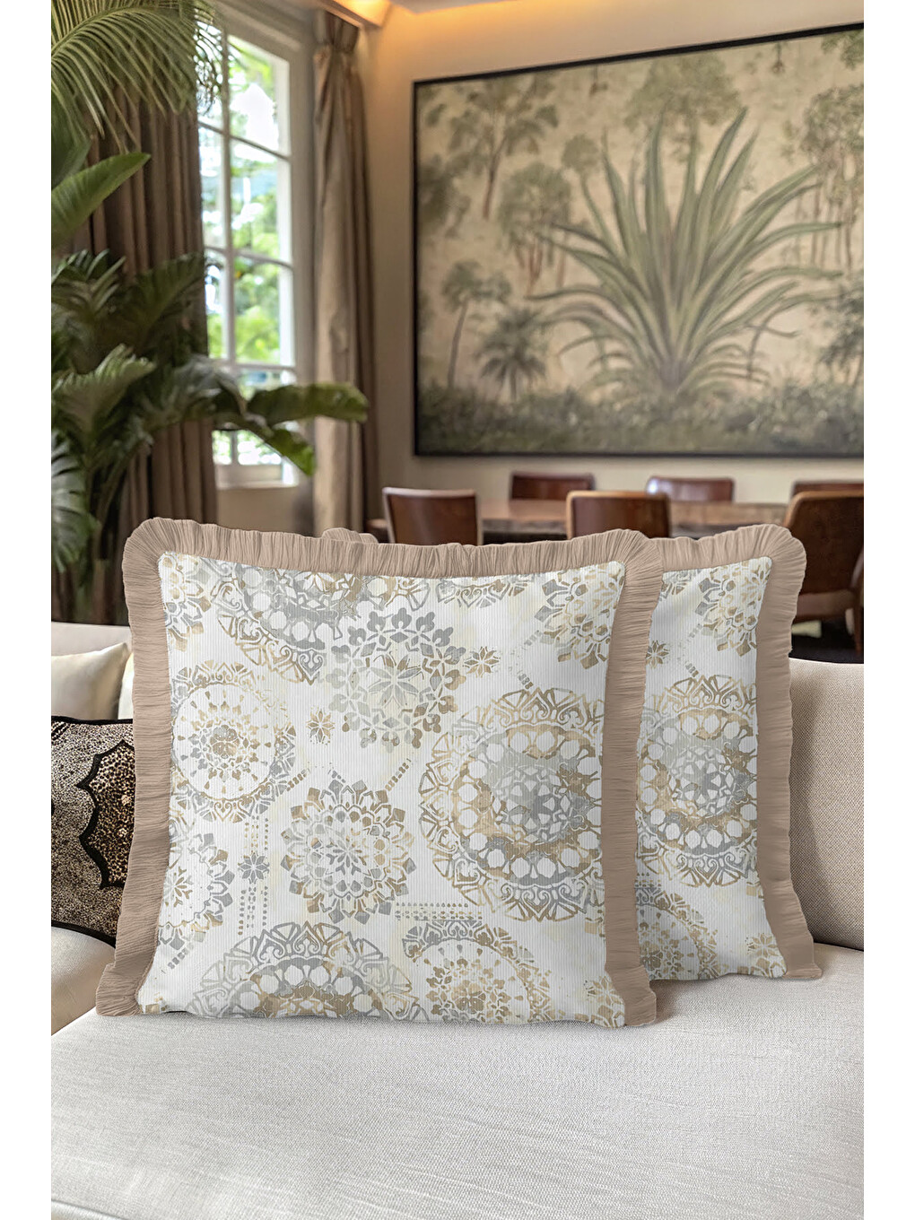 Karışık Lüks Mandala Saçaklı Yastık Kılıfı - Modern Pastel Altın Renkli Püsküllü Kırlent Kılıfı-5