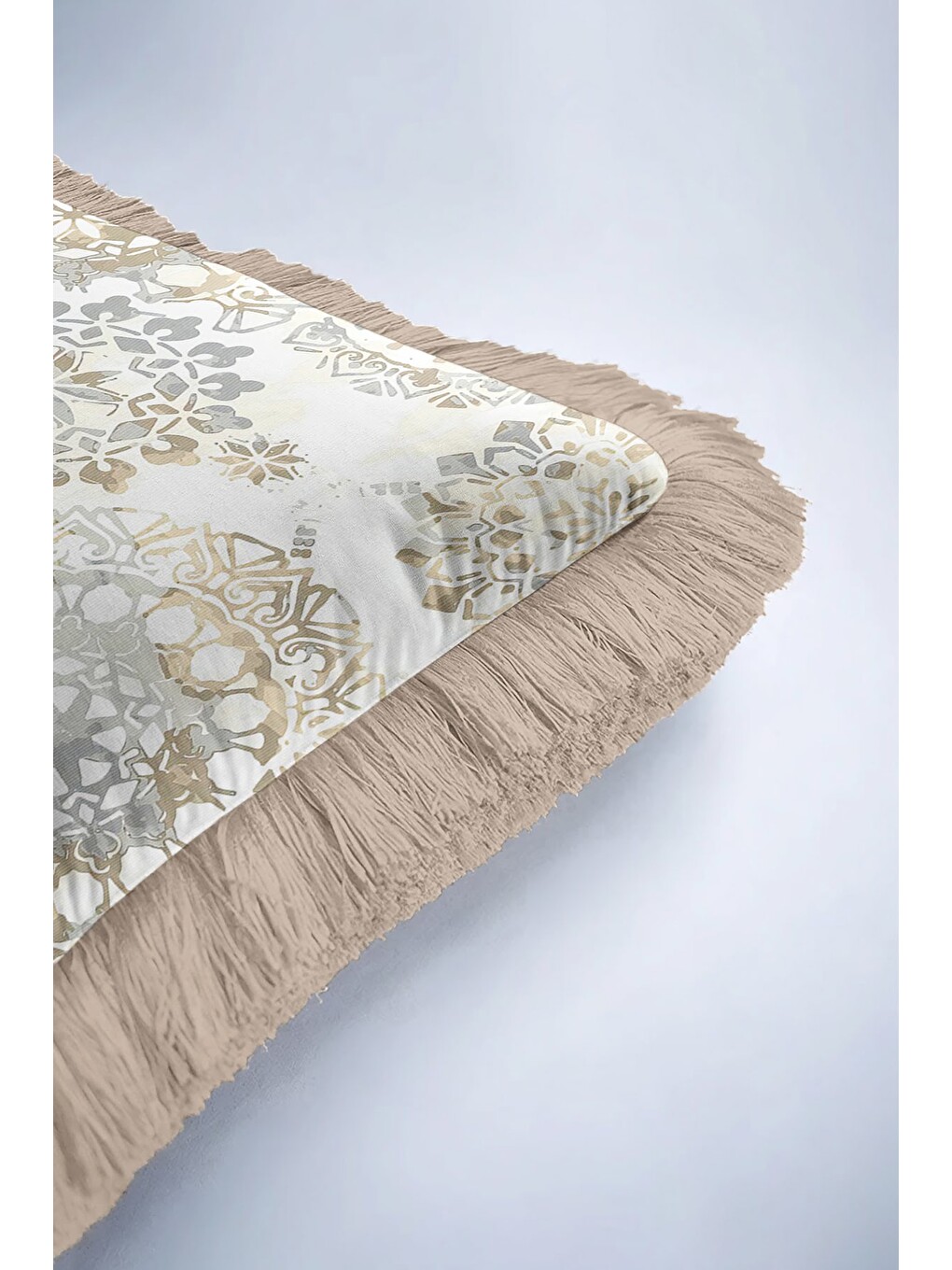Karışık Lüks Mandala Saçaklı Yastık Kılıfı - Modern Pastel Altın Renkli Püsküllü Kırlent Kılıfı-6