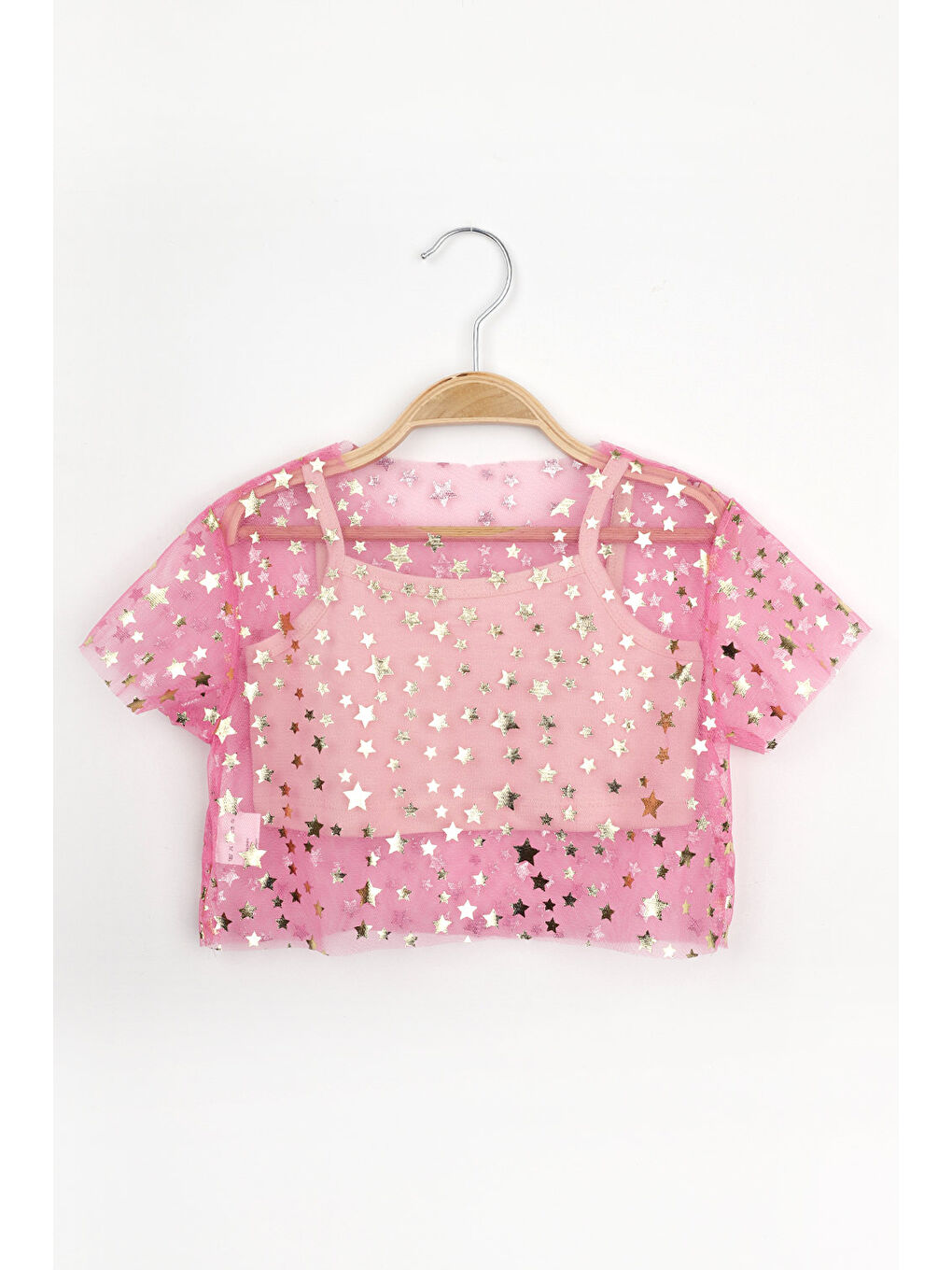 Pembe  Yıldız Baskılı Kız Çocuk Tül Crop Bluz