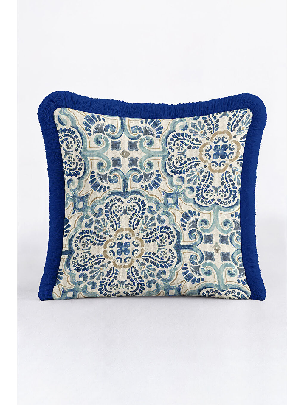 Karışık Lüks Akdeniz Motifli Saçaklı Yastık Kılıfı - Klasik Boho İskandinav Mavi Bej Püsküllü Kırlent Kılıfı