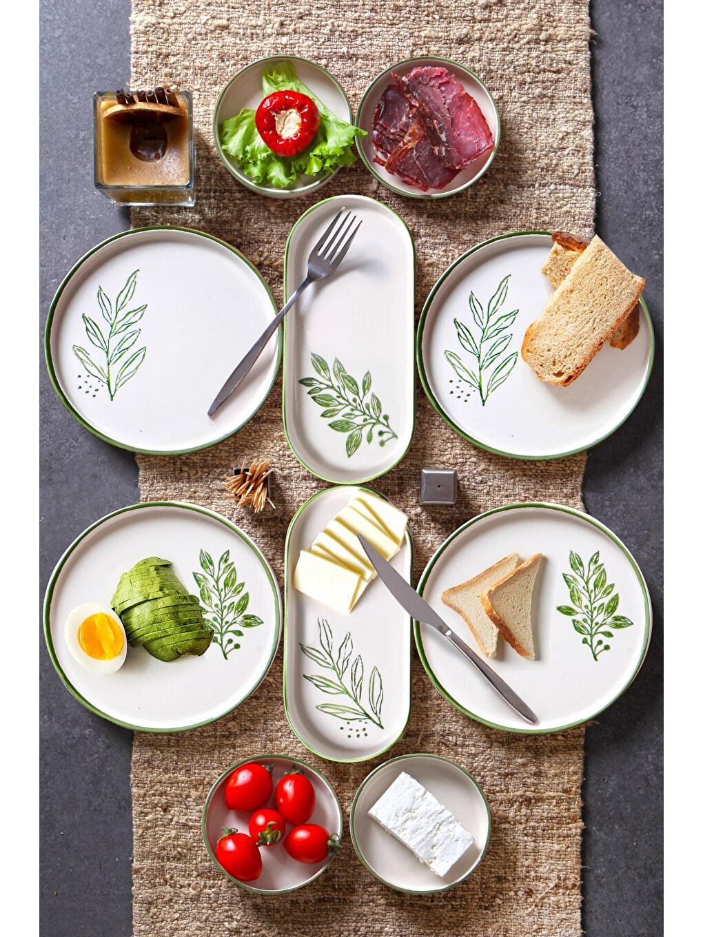 10 Parça 4 Kişilik Handmade Yeşil Çiçek Kahvaltı Takımı - Lüx Kahvaltılık Sunum Seti