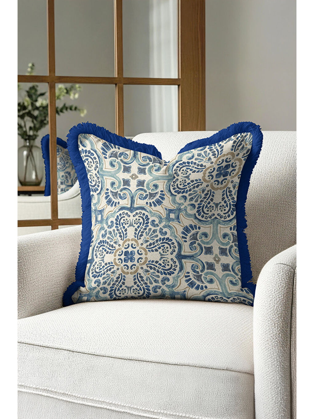 Karışık Lüks Akdeniz Motifli Saçaklı Yastık Kılıfı - Klasik Boho İskandinav Mavi Bej Püsküllü Kırlent Kılıfı-1