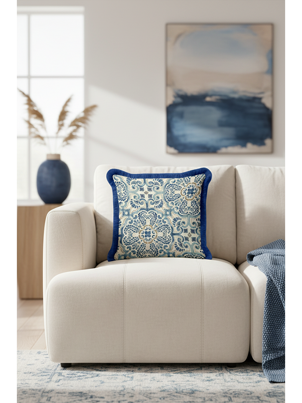 Karışık Lüks Akdeniz Motifli Saçaklı Yastık Kılıfı - Klasik Boho İskandinav Mavi Bej Püsküllü Kırlent Kılıfı-3