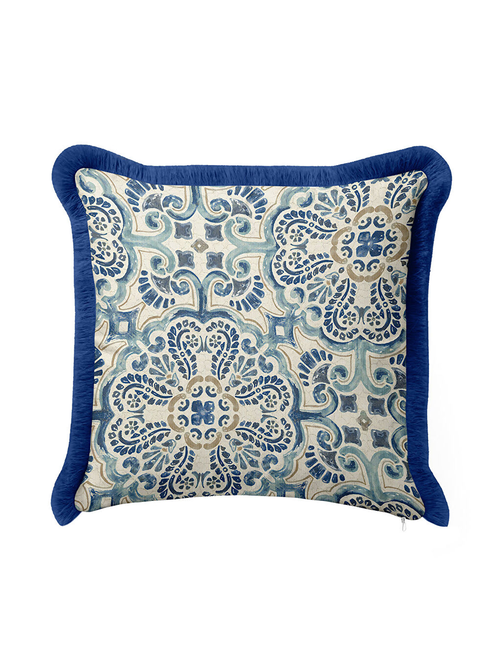 Karışık Lüks Akdeniz Motifli Saçaklı Yastık Kılıfı - Klasik Boho İskandinav Mavi Bej Püsküllü Kırlent Kılıfı-4