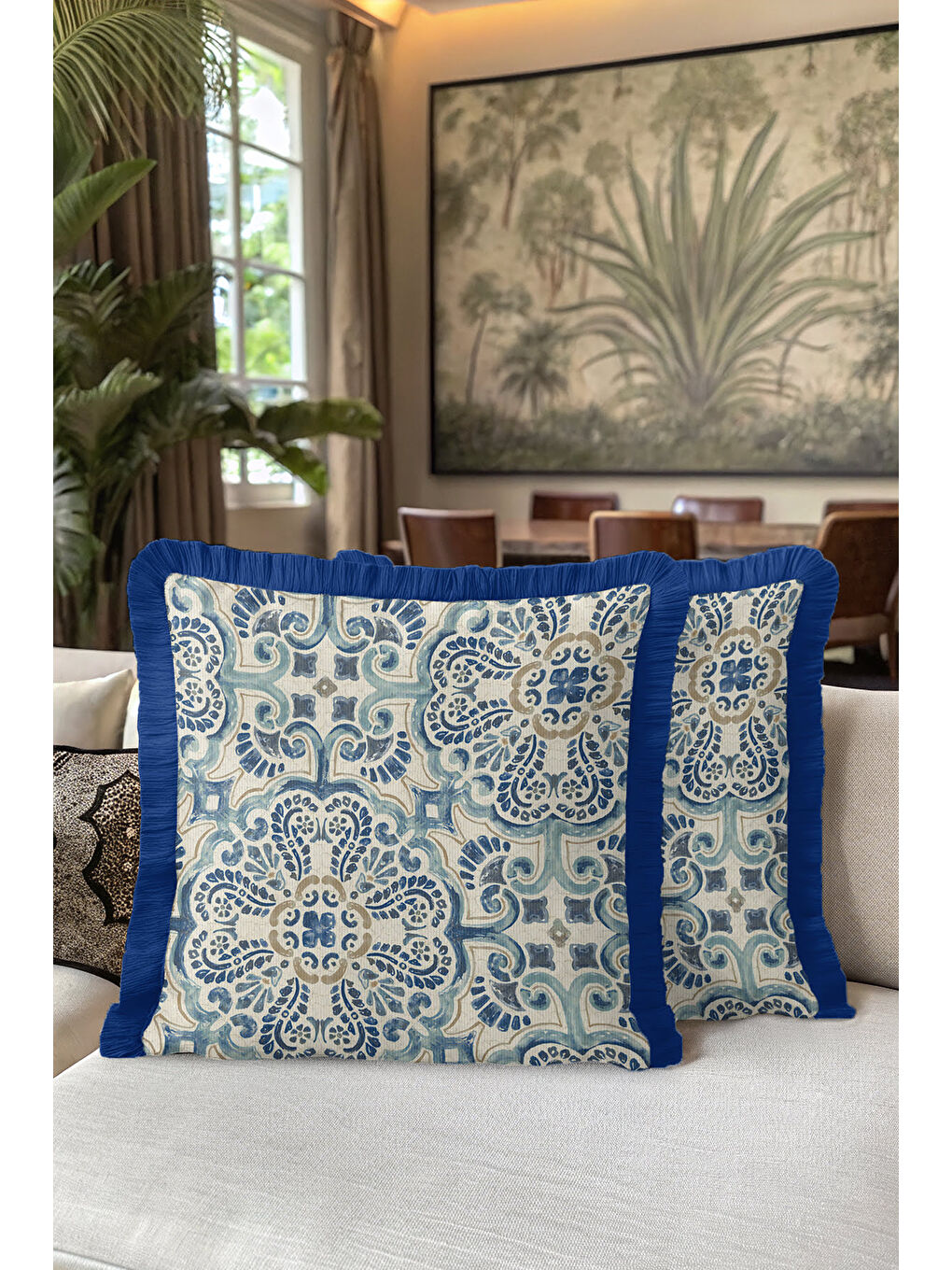 Karışık Lüks Akdeniz Motifli Saçaklı Yastık Kılıfı - Klasik Boho İskandinav Mavi Bej Püsküllü Kırlent Kılıfı-5