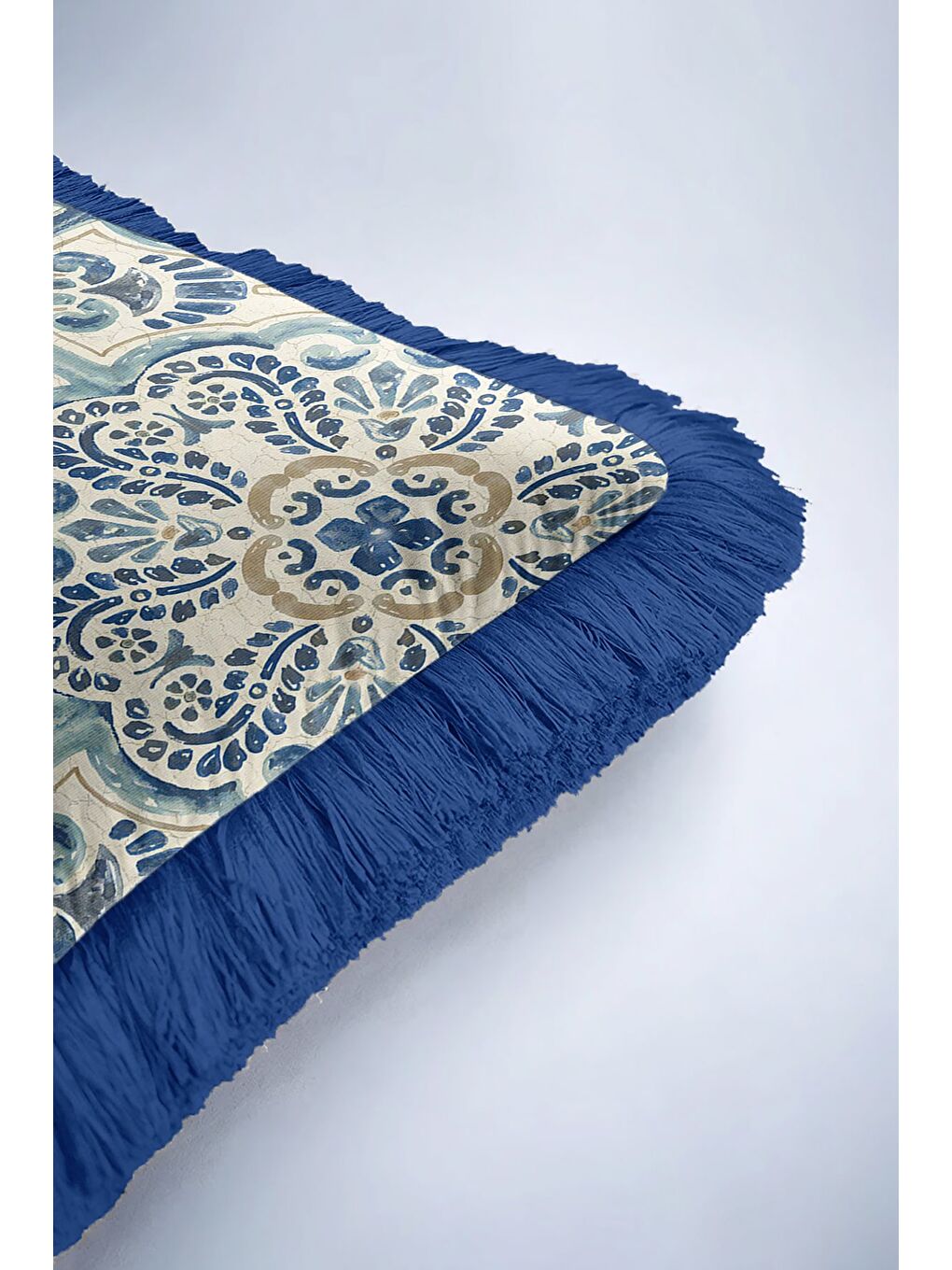 Karışık Lüks Akdeniz Motifli Saçaklı Yastık Kılıfı - Klasik Boho İskandinav Mavi Bej Püsküllü Kırlent Kılıfı-6