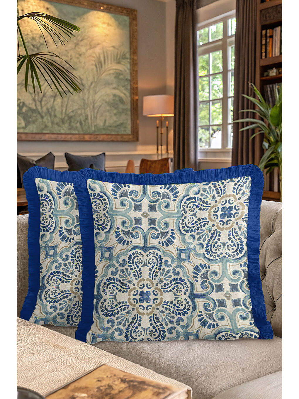 Karışık Lüks Akdeniz Motifli Saçaklı Yastık Kılıfı - Klasik Boho İskandinav Mavi Bej Püsküllü Kırlent Kılıfı-7