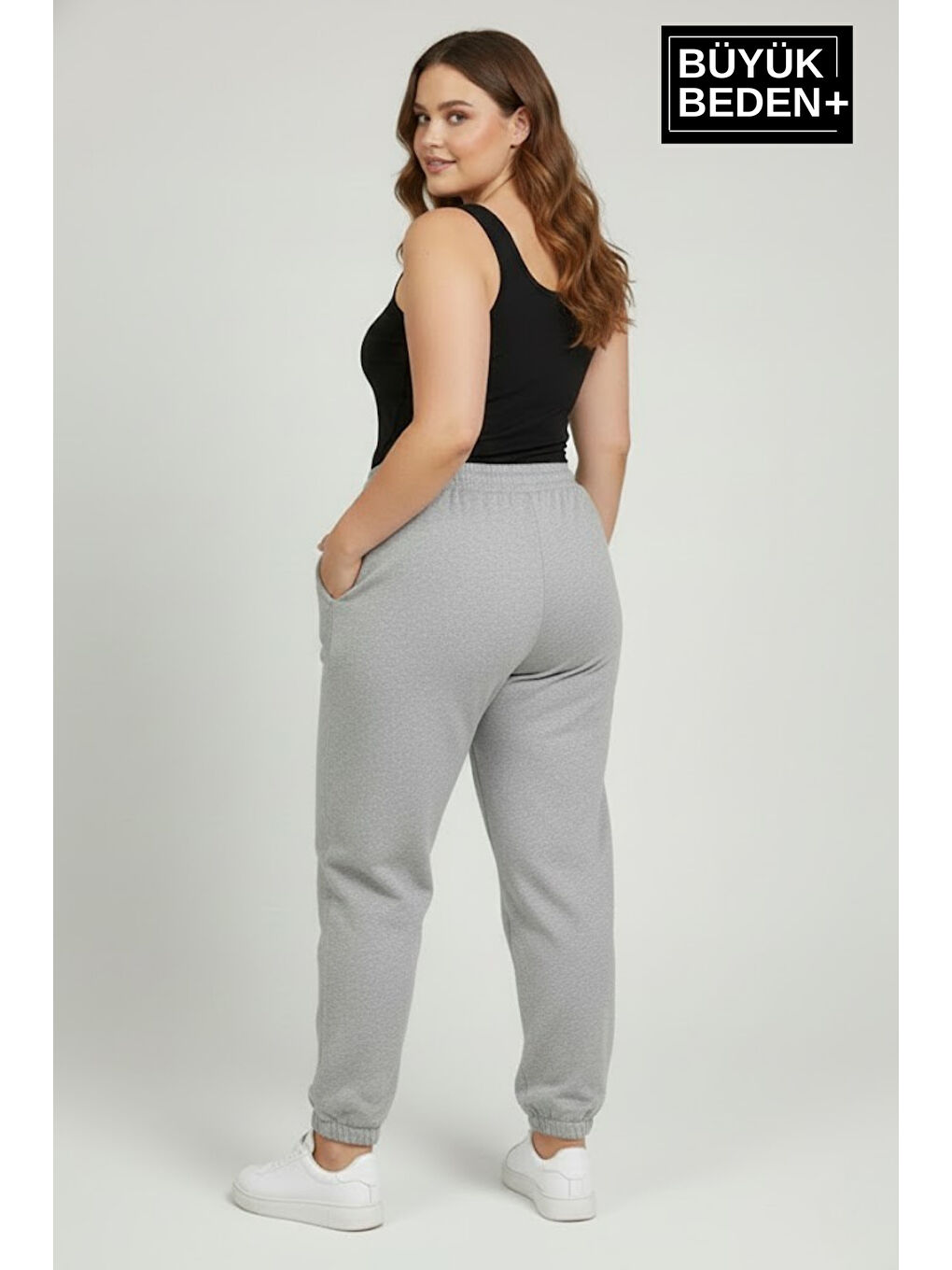 Gri Kadın Büyük Beden Paça Lastikli İki İplik Rahat Kalıp ince Eşofman Altı SPR26BEAK951-1