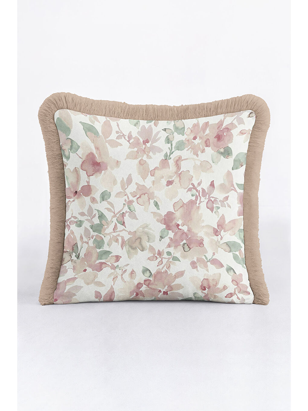 Karışık Pastel Çiçek Bahçesi Saçaklı Yastık Kılıfı - Romantik Vintage Pudra Bej Püsküllü Kırlent Kılıfı