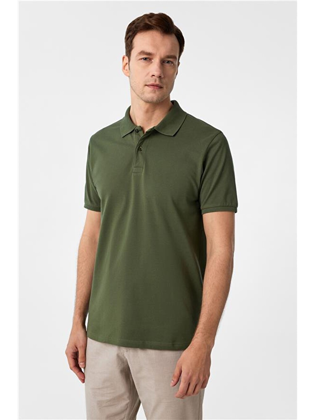Haki Slim Armürlü Polo Yaka Tişört-1