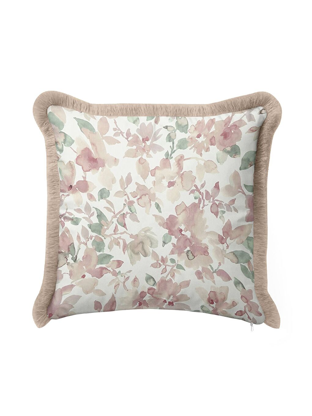 Karışık Pastel Çiçek Bahçesi Saçaklı Yastık Kılıfı - Romantik Vintage Pudra Bej Püsküllü Kırlent Kılıfı-1