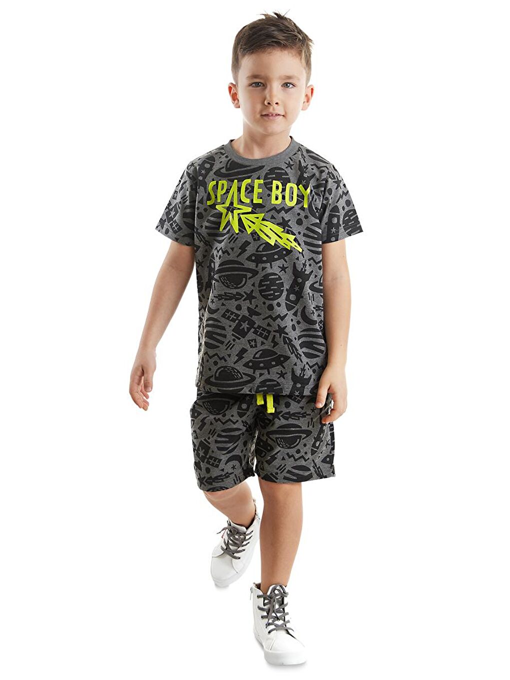 Denokids Gri Uzay Roket Erkek Çocuk T-shirt Şort Takım