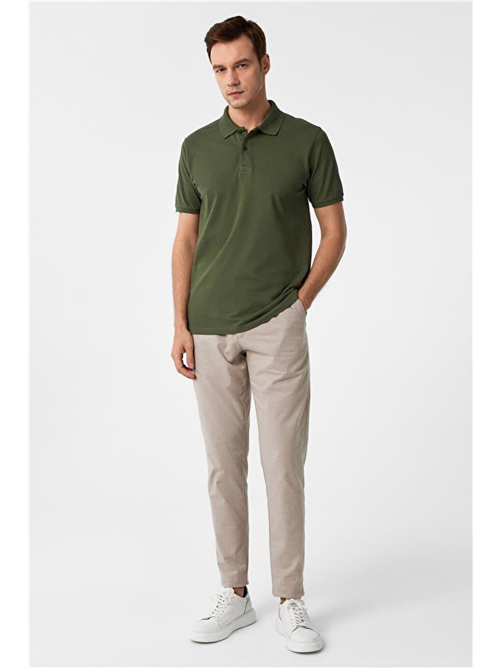 Haki Slim Armürlü Polo Yaka Tişört-5