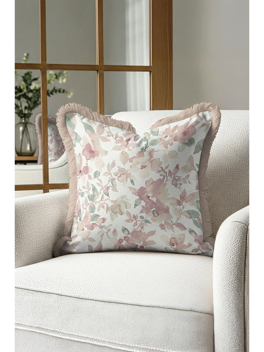 Karışık Pastel Çiçek Bahçesi Saçaklı Yastık Kılıfı - Romantik Vintage Pudra Bej Püsküllü Kırlent Kılıfı-3